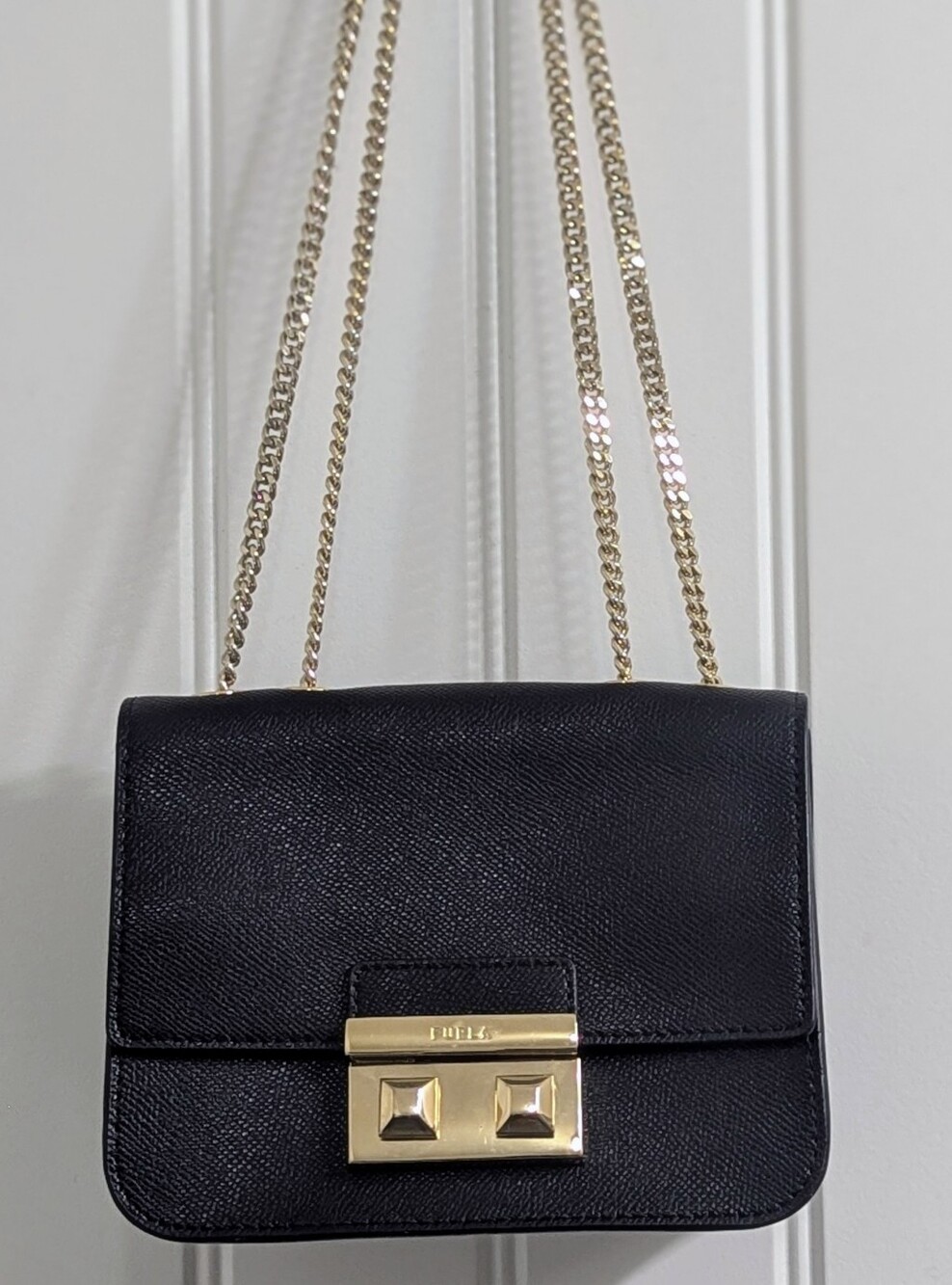 Furla Metropolis Black Leather Chain Crossbody Bag with Gold Hardware